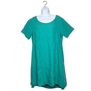 Cut Loose Teal Linen Mini Dress Size L Pockets Lagenlook Minimalist Made in USA